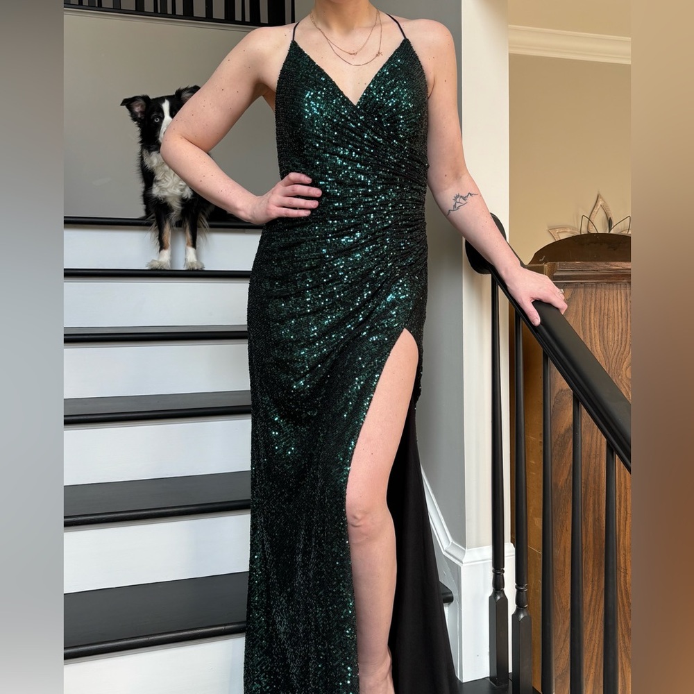 Emerald Sequin V-Neck Evening Gown with Thigh Slit